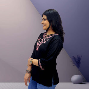 Black Cotton Kurti with Pink Floral Embroidery - The Sutra Space