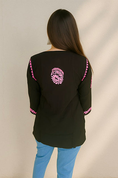 Black Cotton Chikankari Short Kurta with Pink Embroidery - The Sutra Space