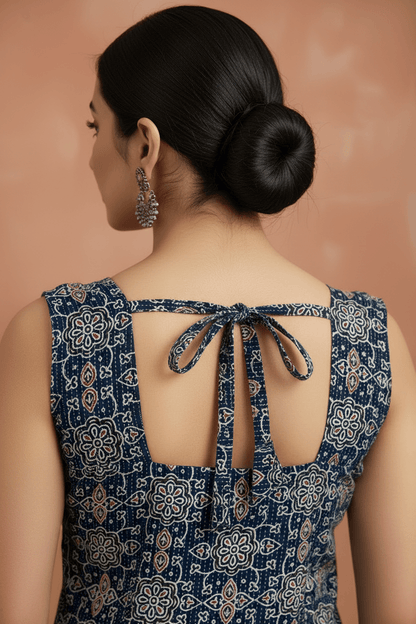Navy Blue Kantha Cotton Printed Sleeveless Kurti