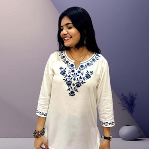 Elegant White Cotton Kurti with Blue Embroidery - The Sutra Space