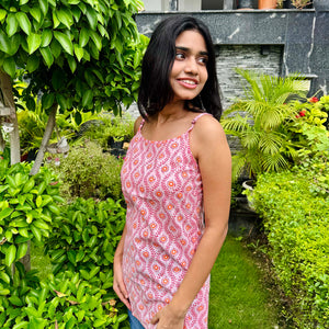 Pink Cotton Adjustable Strap Sleeveless Top with Long Side Slit - The Sutra Space