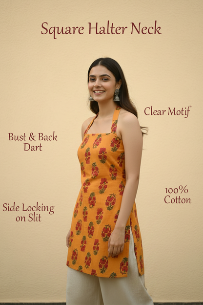 Amber Floral Block Print Halter Kurti