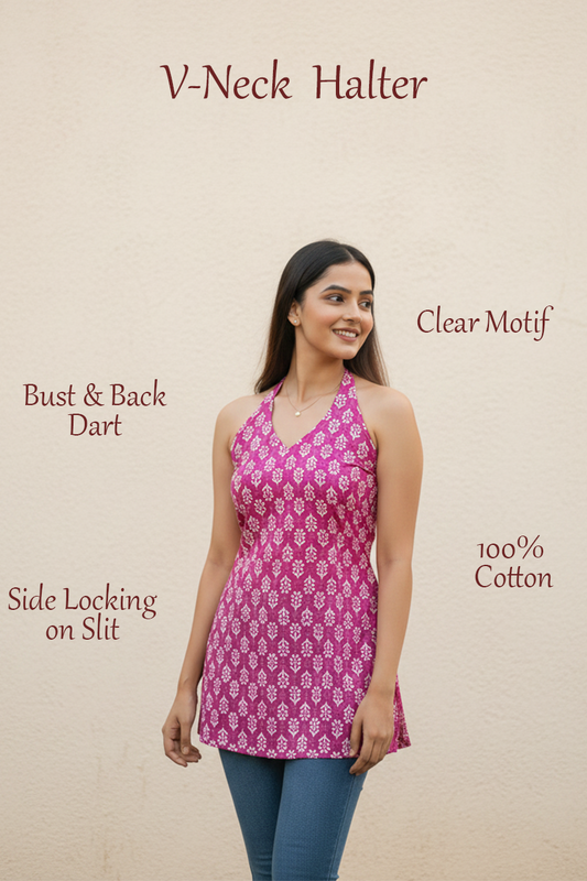 Pink Botanical Backless Halter Kurti