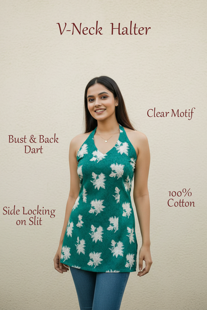 Emerald Green Halter Neck Floral Tunic