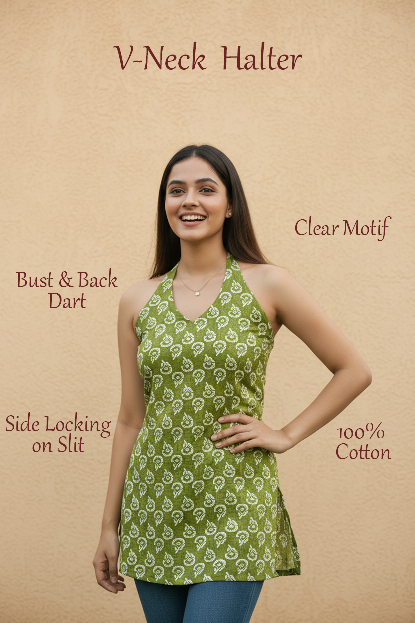 Sage Green Block Print Halter Neck Summer Kurti