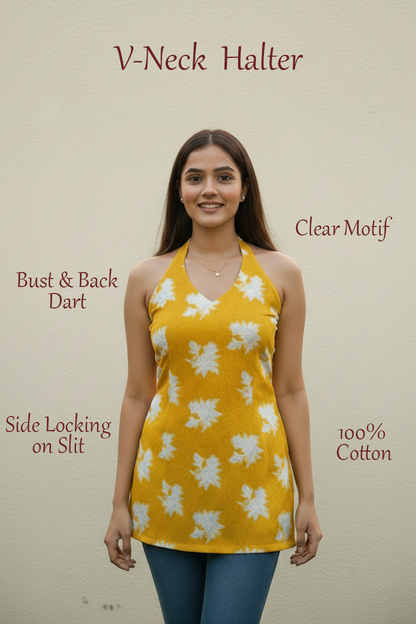 Yellow Floral Halter Neck Summer Kurti