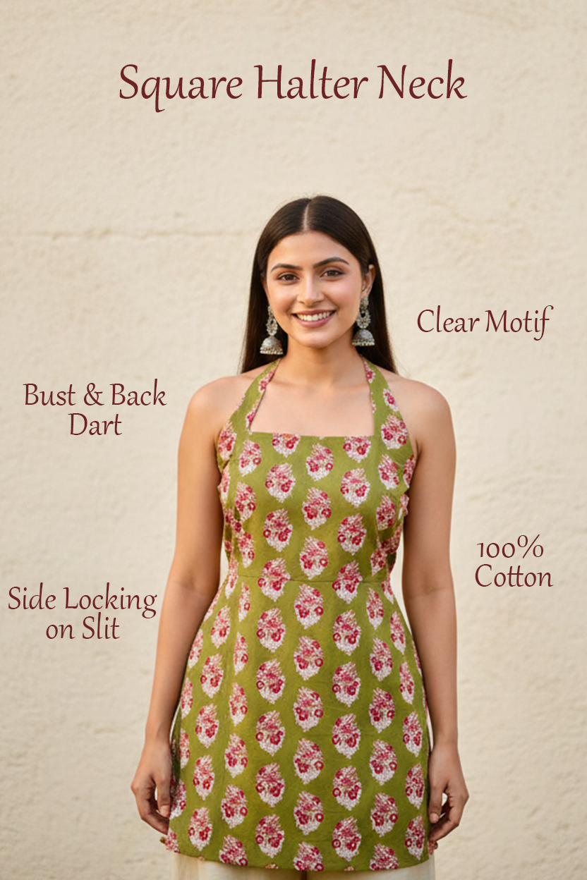 Olive Bloom Backless Halter Kurti