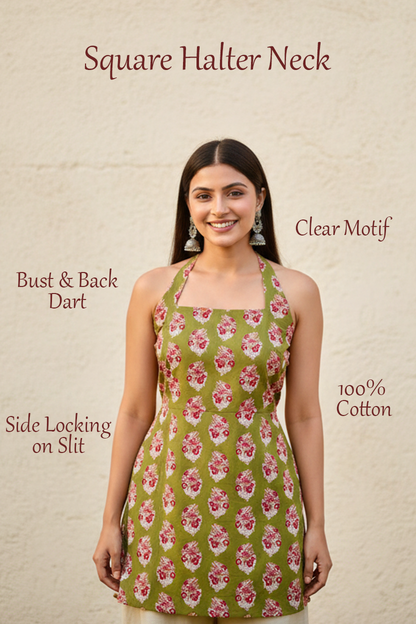Olive Bloom Backless Halter Kurti