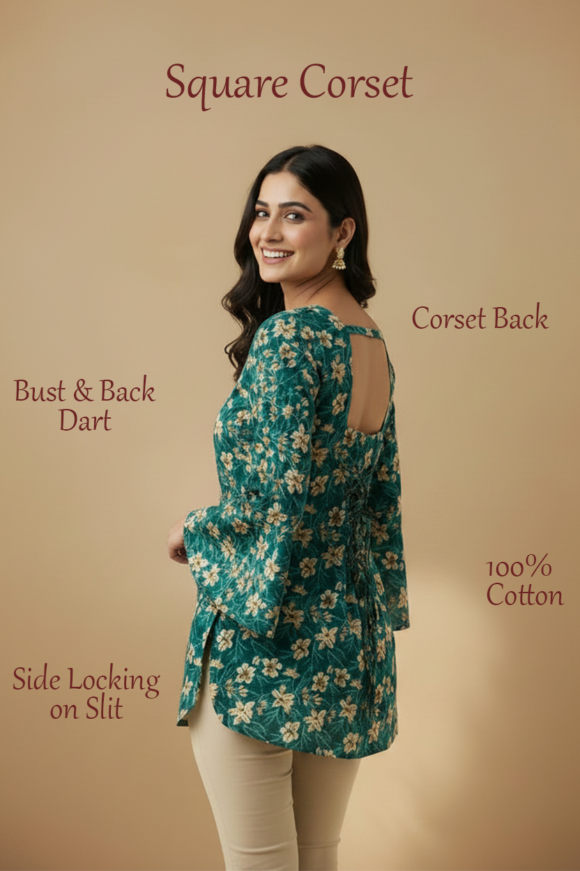 Turquoise Floral Bell Sleeve Corset Back Kurti