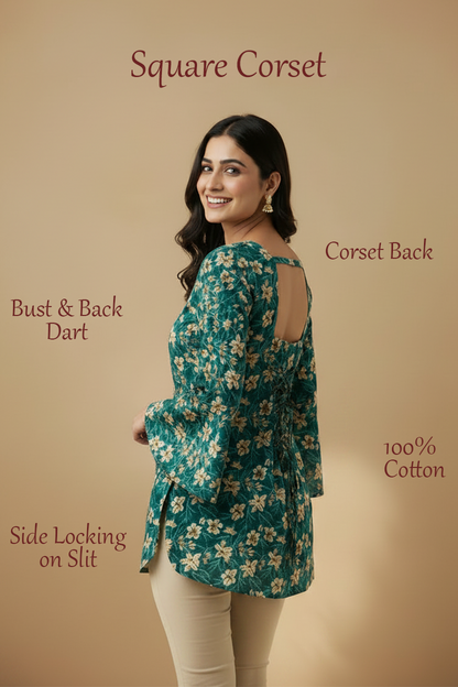 Turquoise Floral Bell Sleeve Corset Back Kurti