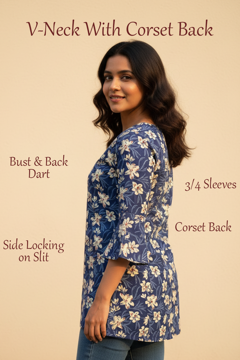 Dark Blue Lace-Up Back Cotton Kurti