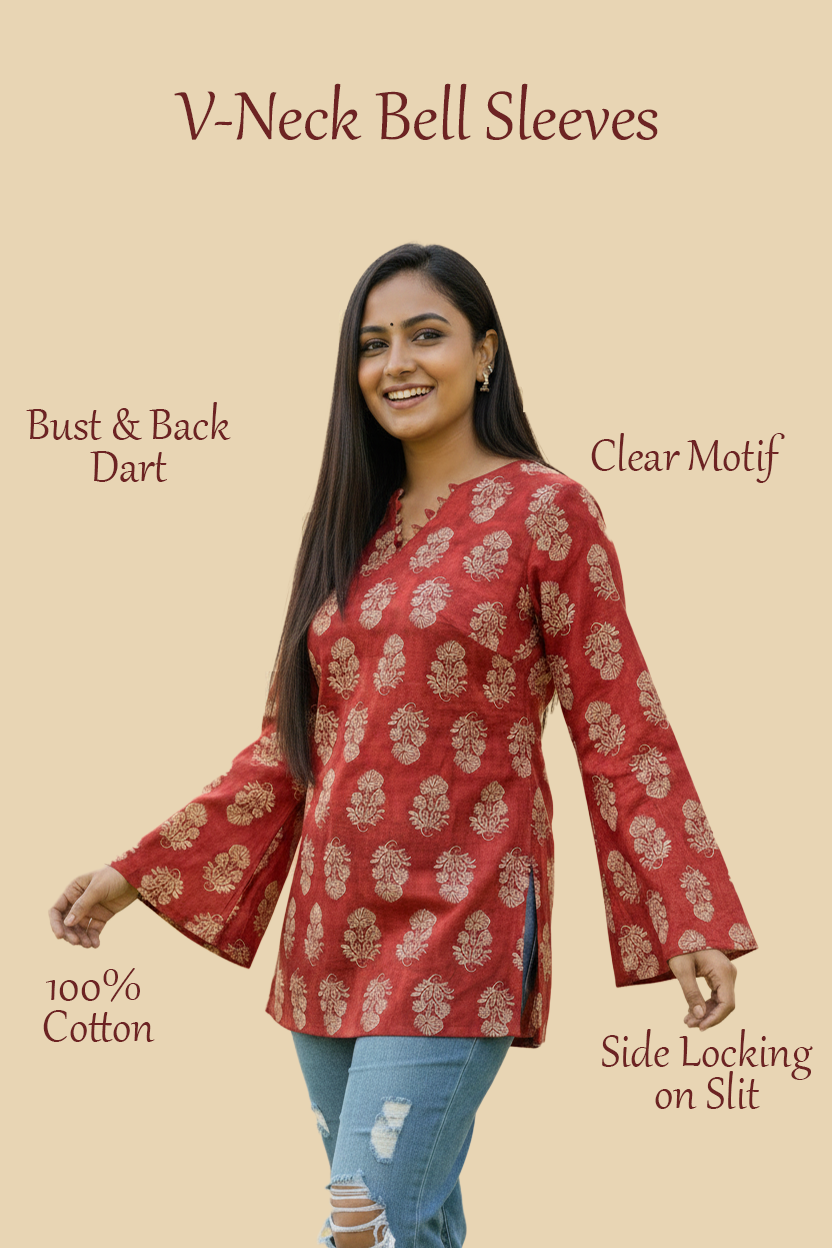 Red Bell Sleeve Corset Back Kurti