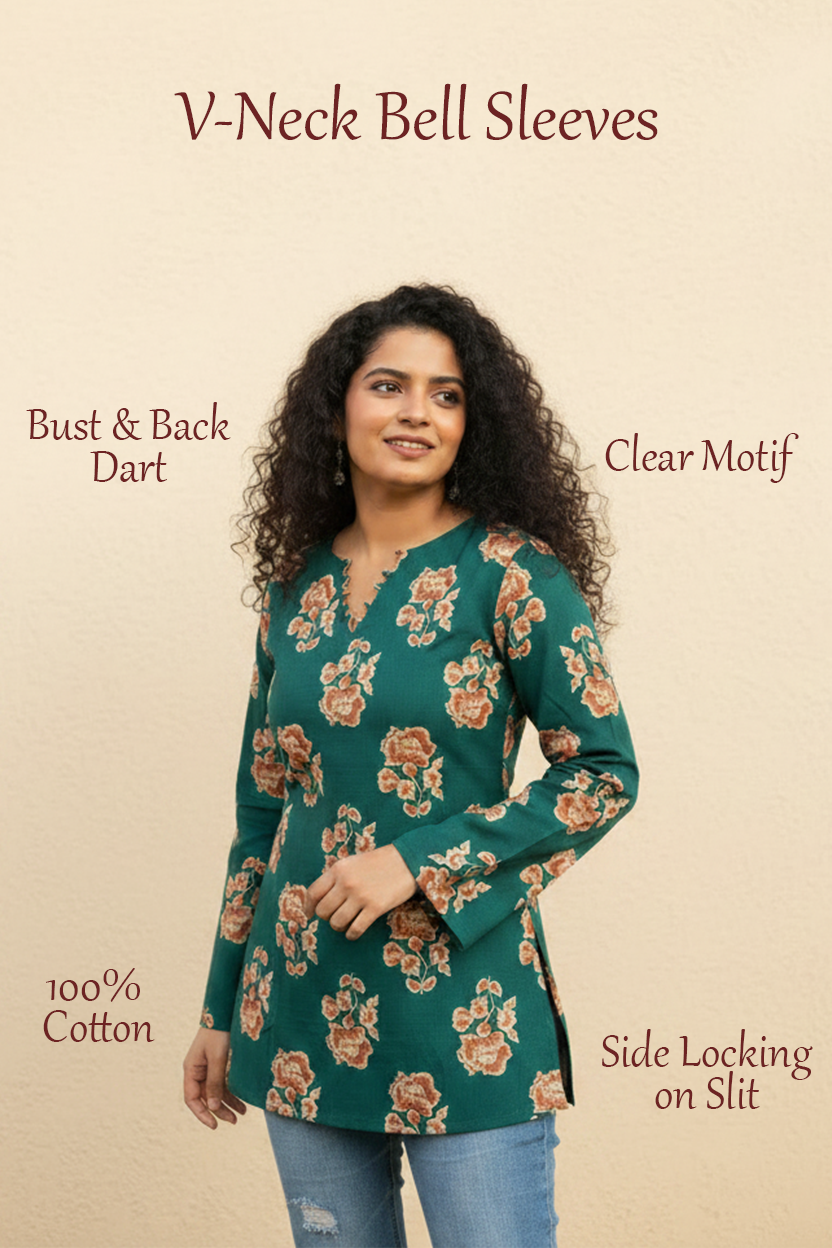 Teal Blossom Corset-Back Pure Cotton Kurti