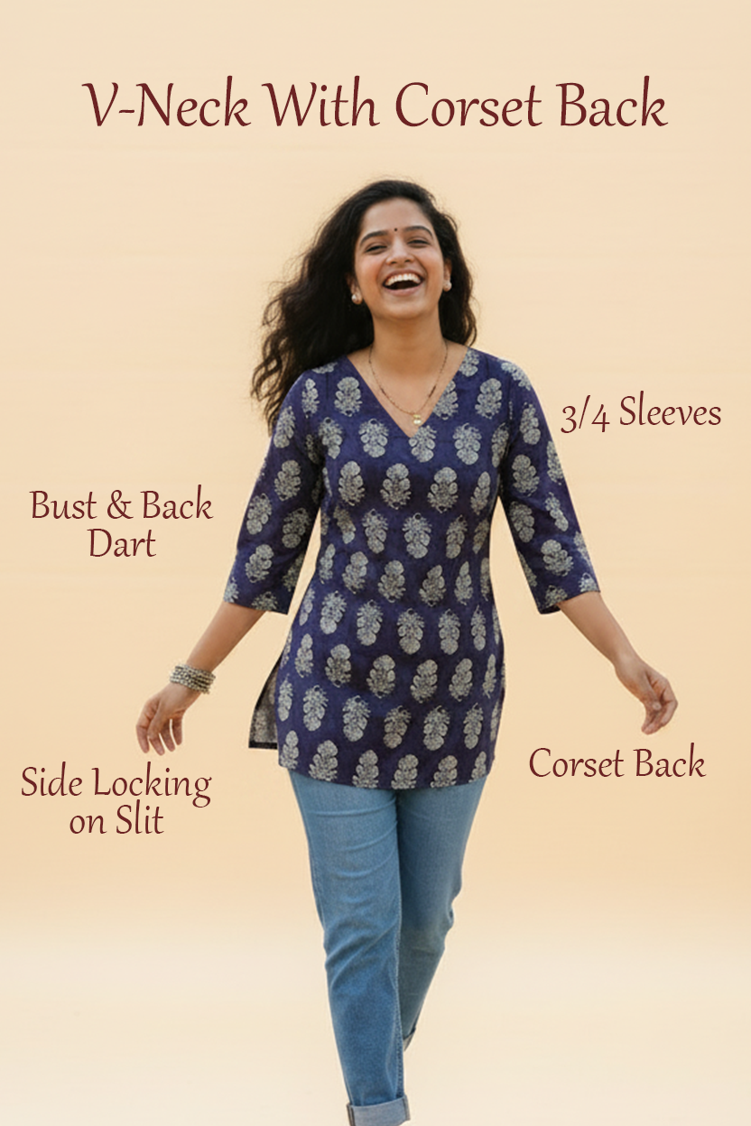 Purple Block Print V-Neck Kurti with Corset Back