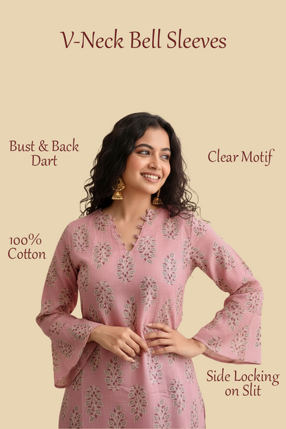 Pastel Pink Mul Block Print V-Neck Kurti