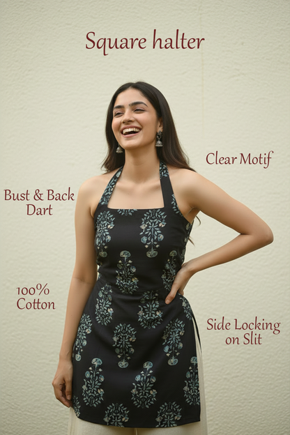 Backless Floral Block Print Black Kurti with Halter Neck