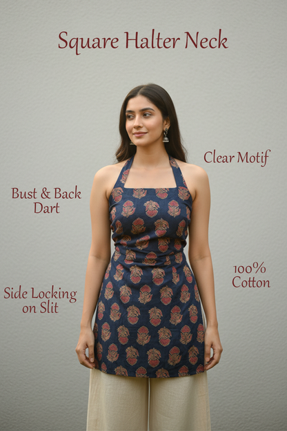 Backless Halter Square Neck Printed Kurti