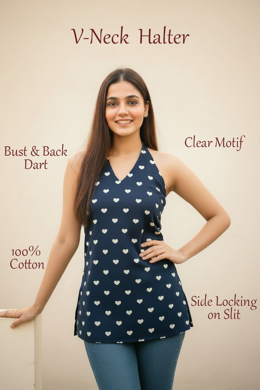 Navy Blue Heart Print Halter Kurti