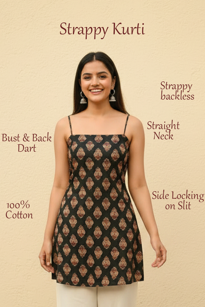 Midnight Lotus Block Print Strappy Kurti