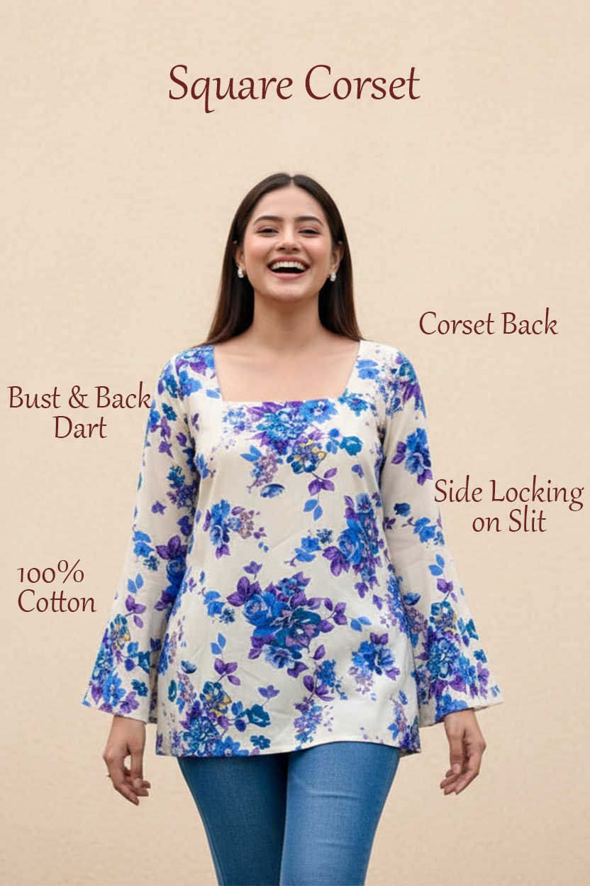 White Corset Back Bell Sleeve Kurti with Blue and Purple Floral Print