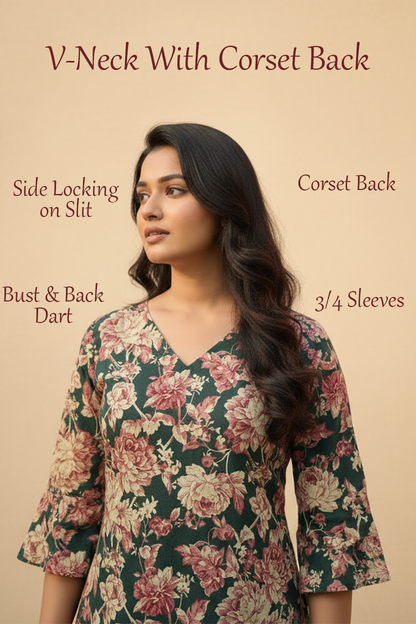 V Neck Rama Green with Floral Print Kurti