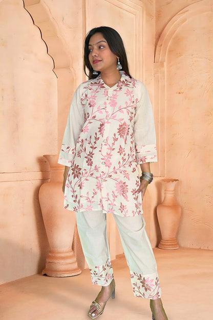 Elegant Off-White & Pink Floral Embroidered Co-ord Set - The Sutra Space