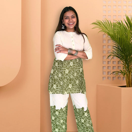Olive Green & Off-White Floral Co-ord Set - The Sutra Space