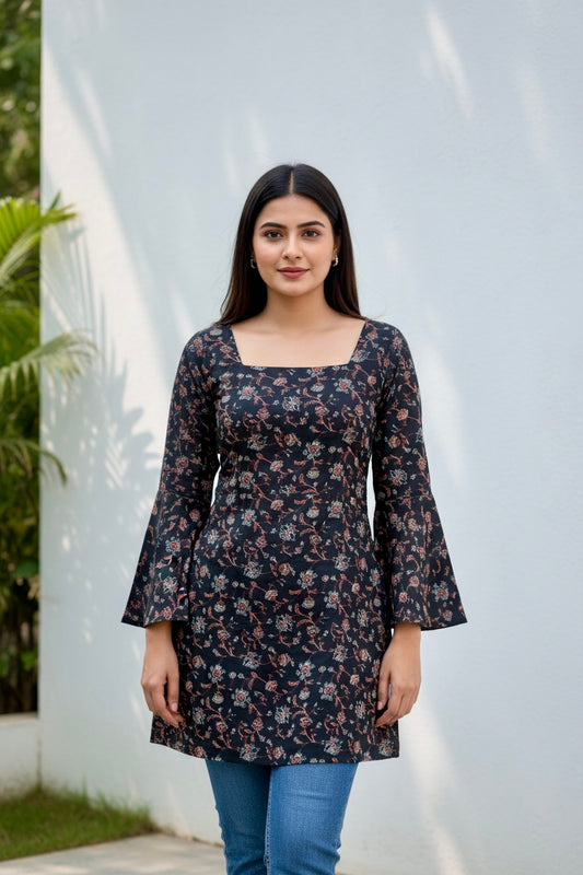 Midnight Noir Vintage Floral Corset-Back Short Kurti