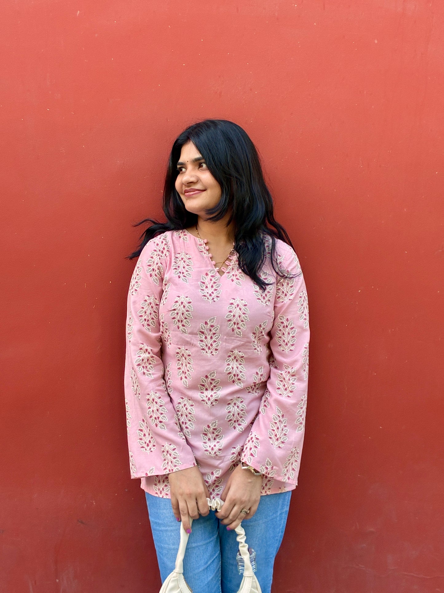 Pastel Pink Mul Block Print V-Neck Kurti