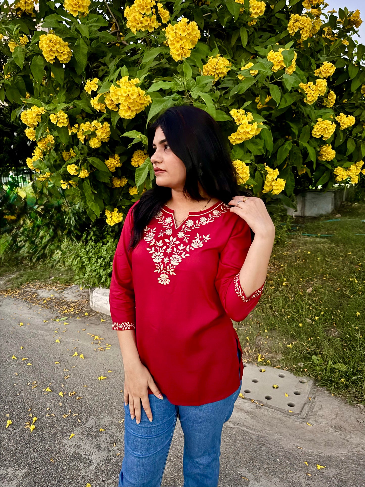 Maroon Short Kurti with Golden Embroidery