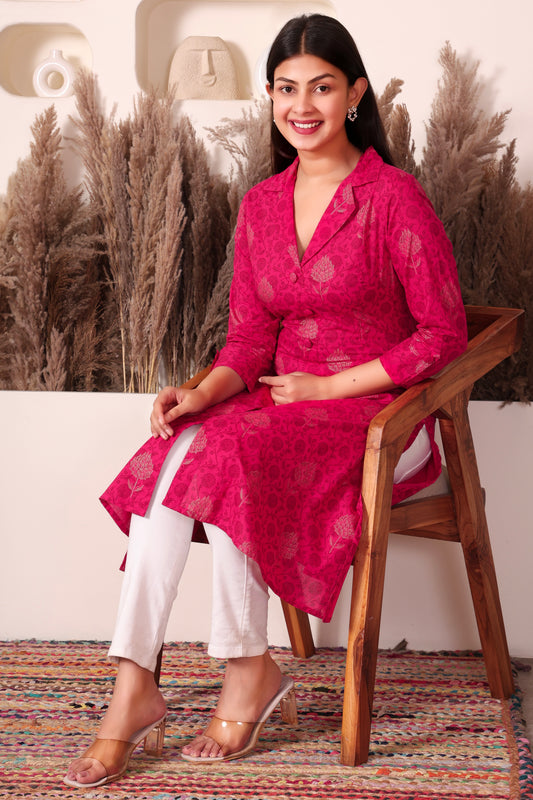 Magenta Foil Print Cotton Long Kurti for Women