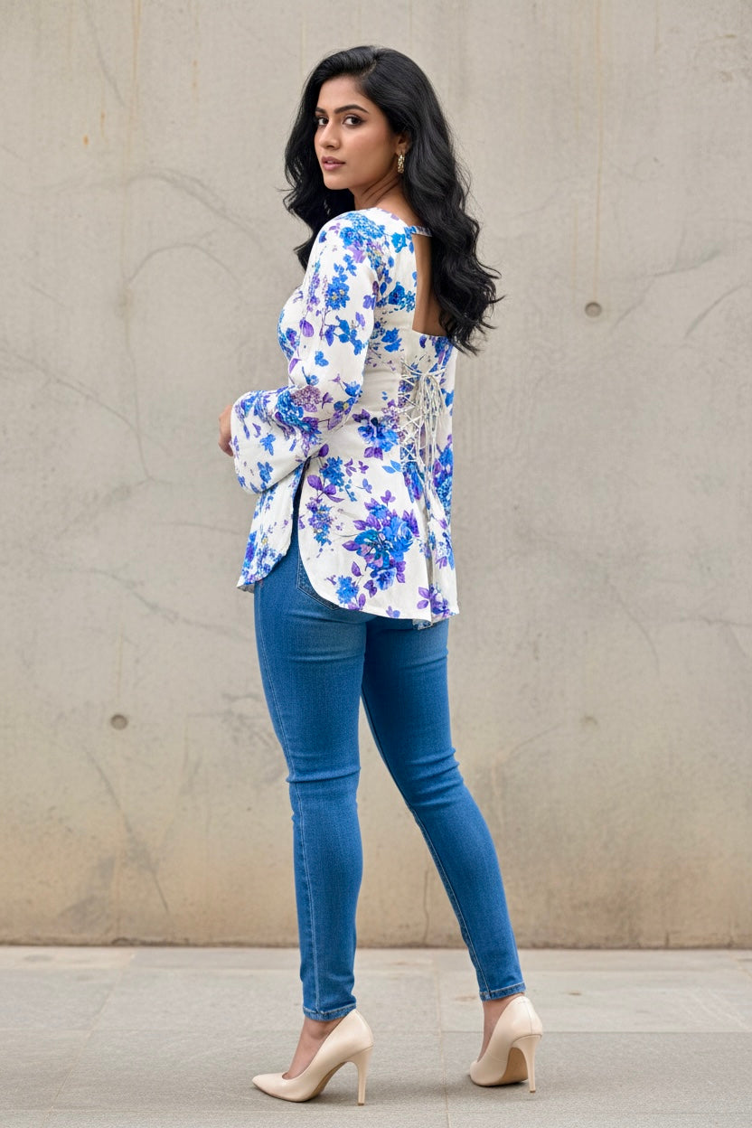 White Corset Back Bell Sleeve Kurti with Blue and Purple Floral Print