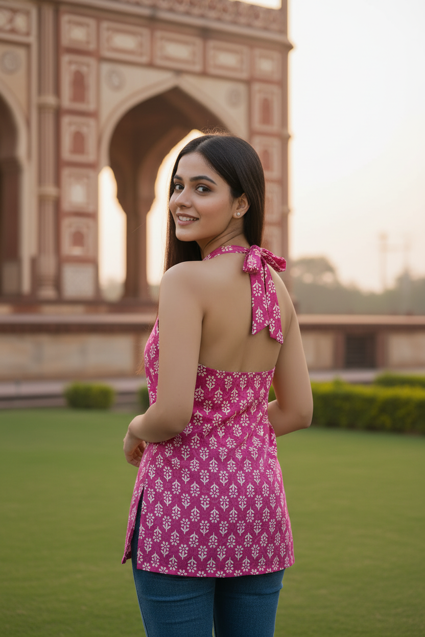 Pink Botanical Backless Halter Kurti