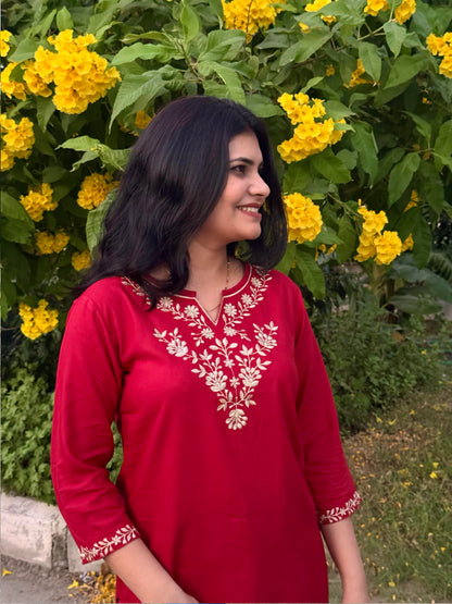 Maroon Short Kurti with Golden Embroidery