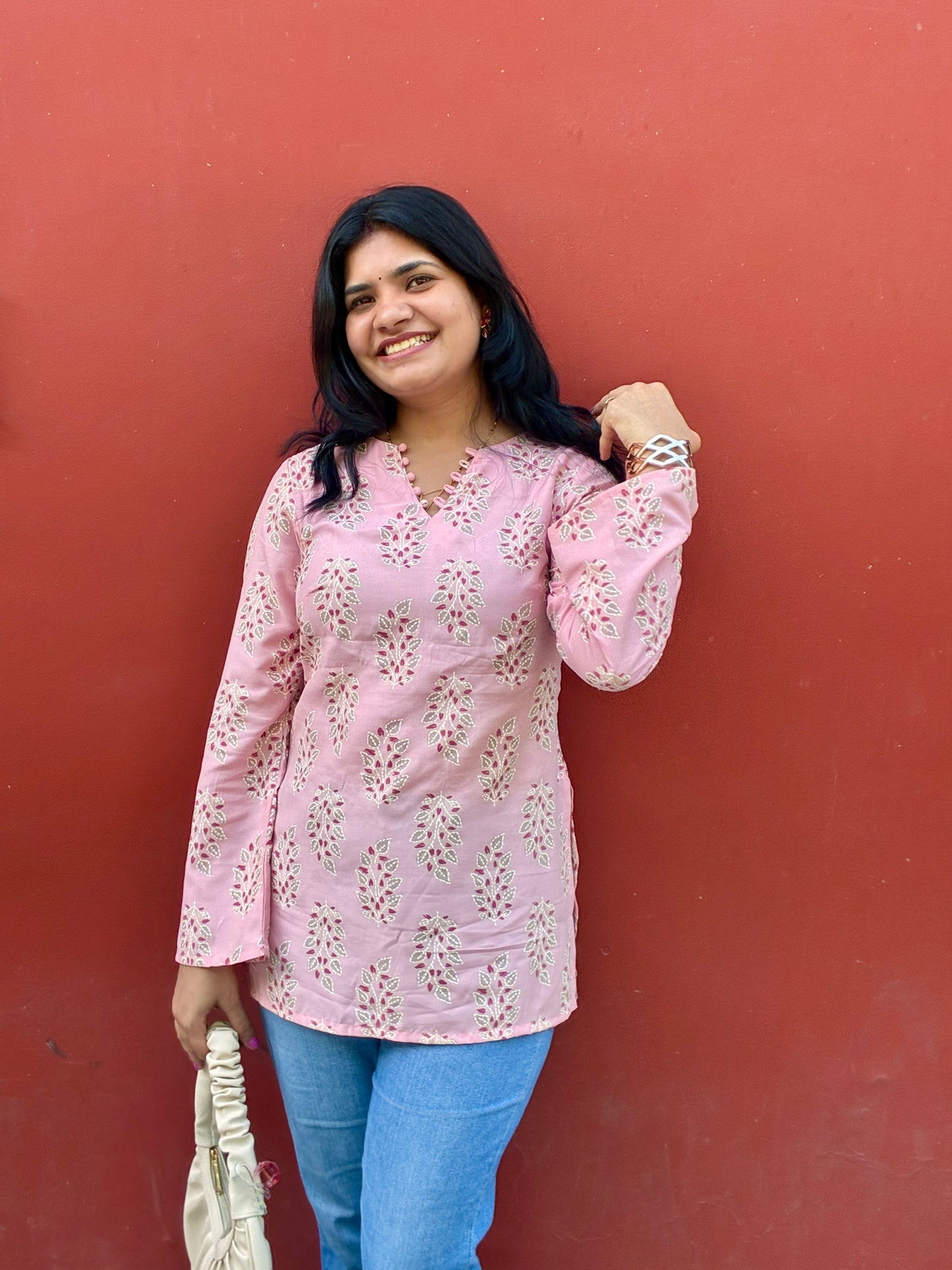 Pastel Pink Mul Block Print V-Neck Kurti