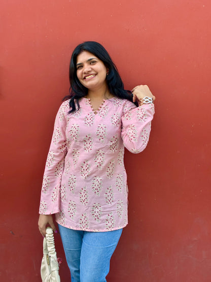 Pastel Pink Mul Block Print V-Neck Kurti