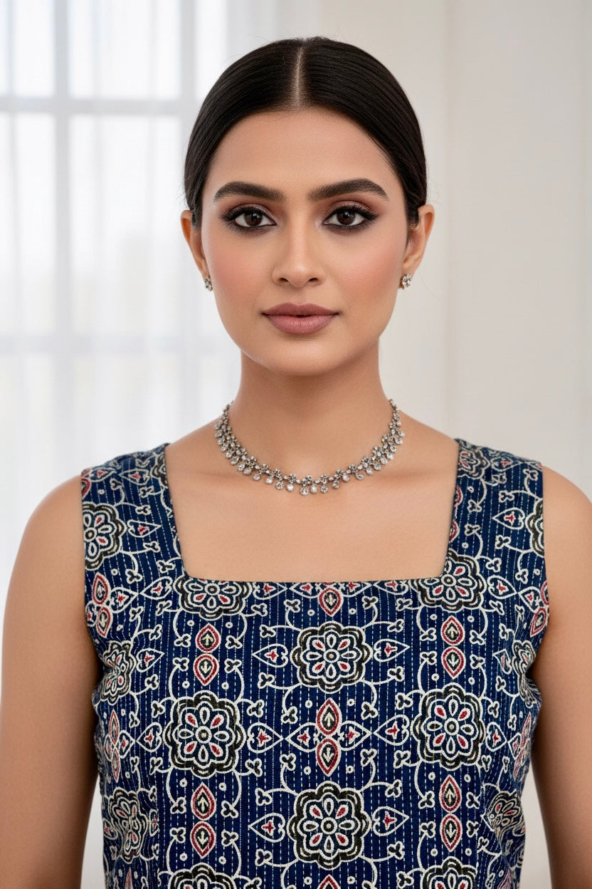 Navy Blue Kantha Cotton Printed Sleeveless Kurti