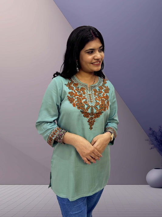 Sage Green Cotton Kurti with Kashmiri Aari Embroidery - The Sutra Space
