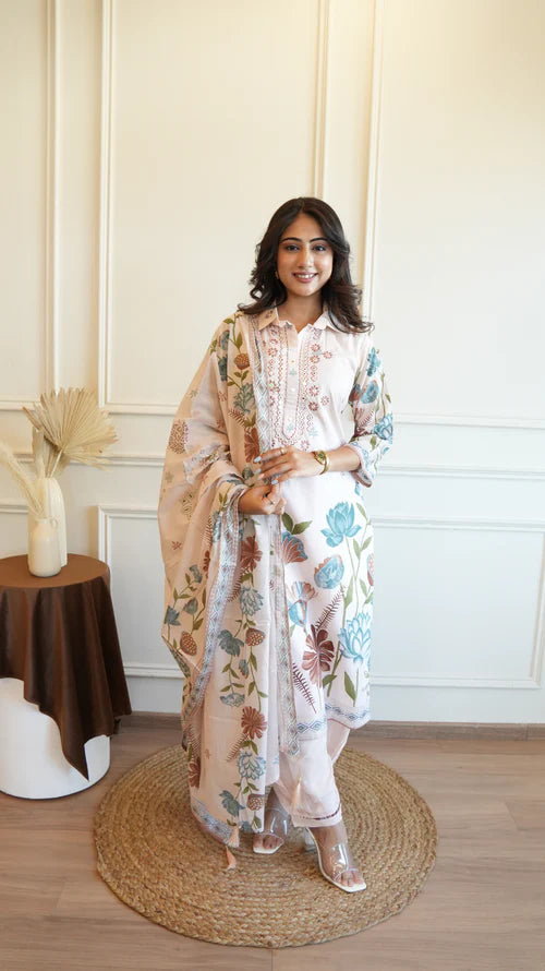 Floral Print Kurta White