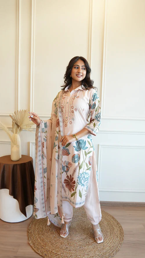 Floral Print Kurta White