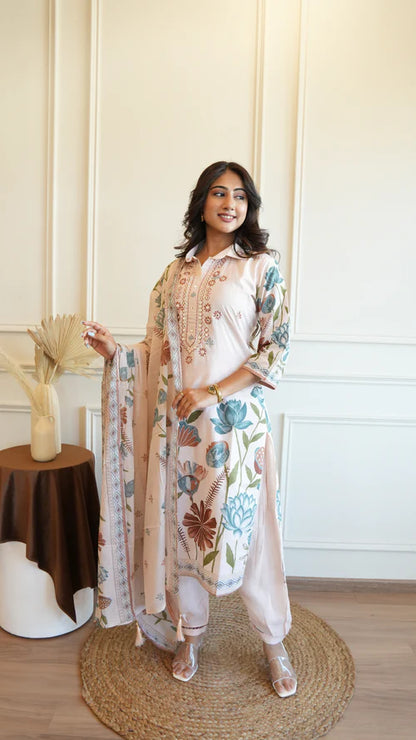Floral Print Kurta White