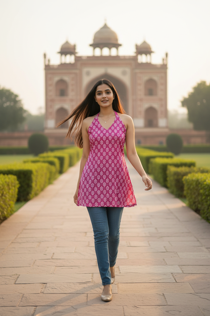 Pink Botanical Backless Halter Kurti