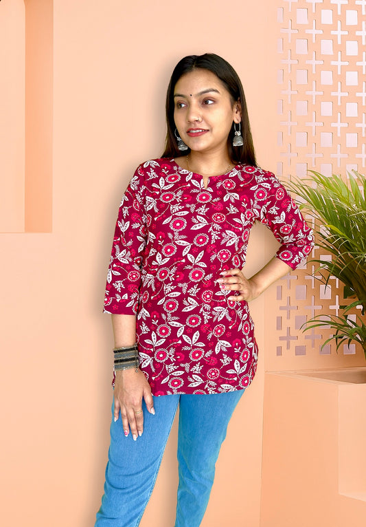 Maroon Bloom Handblock Cotton Kurta - The Sutra Space