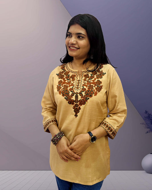 Wheat Beige Kashmiri Aari Embroidered Kurti - The Sutra Space
