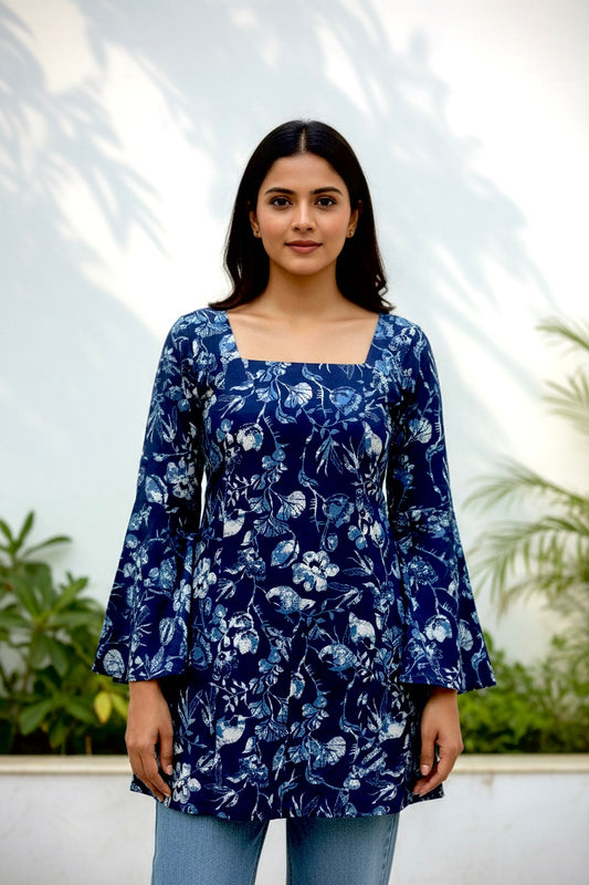 Deep Blue Botanical Corset Back Short Kurti