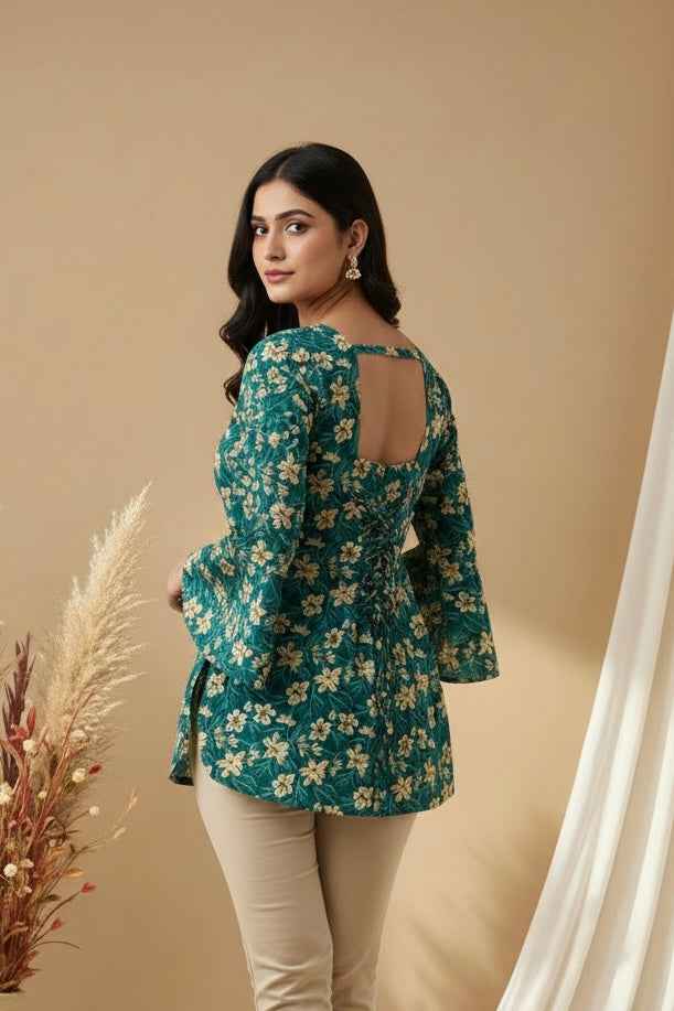 Turquoise Floral Bell Sleeve Corset Back Kurti