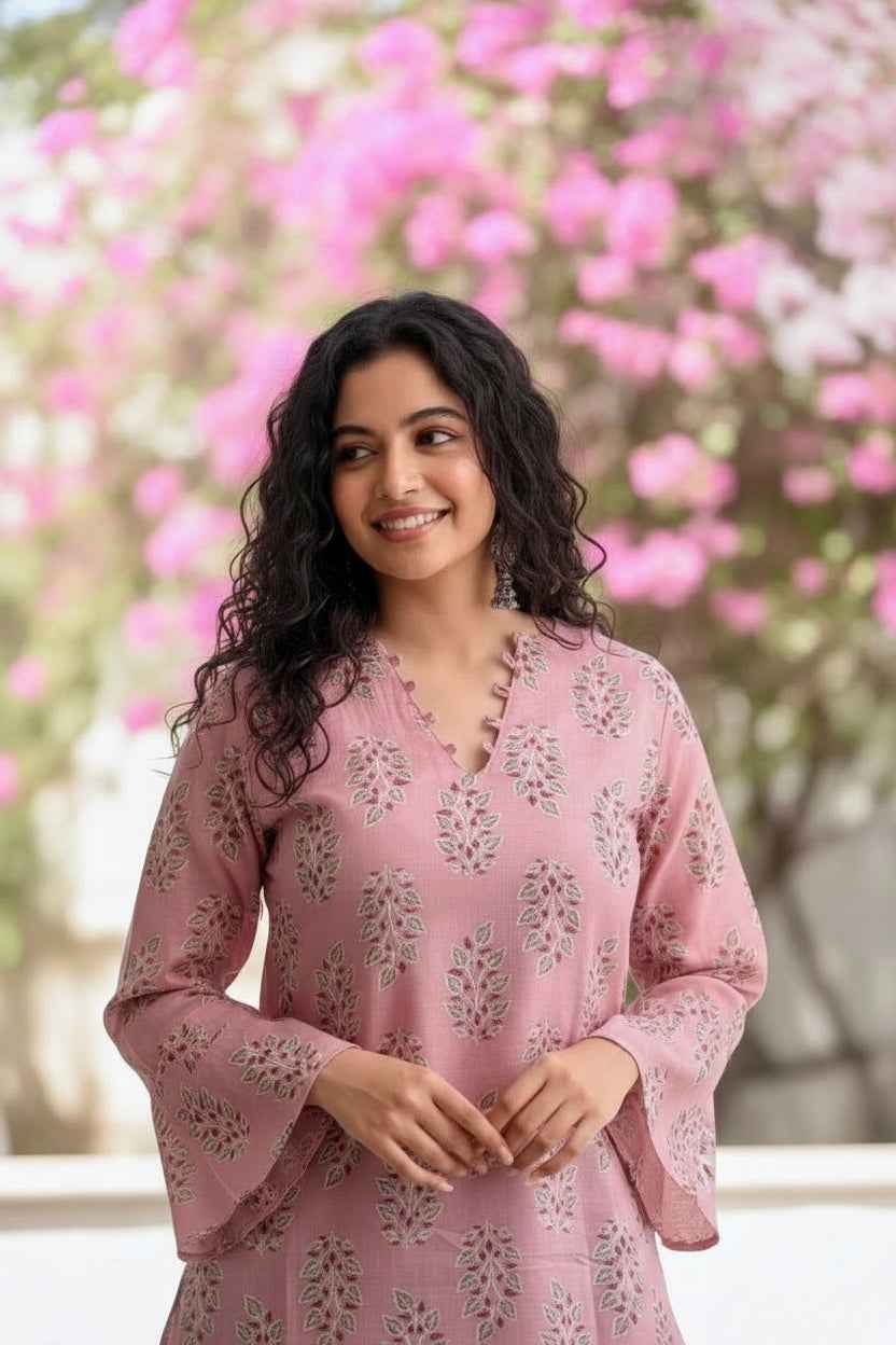 Pastel Pink Mul Block Print V-Neck Kurti