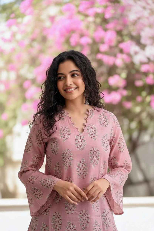 Pastel Pink Mul Block Print V-Neck Kurti
