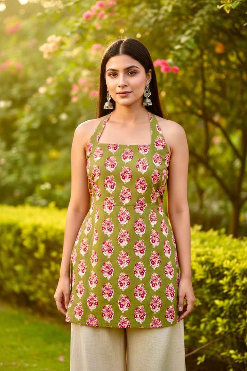 Olive Bloom Backless Halter Kurti