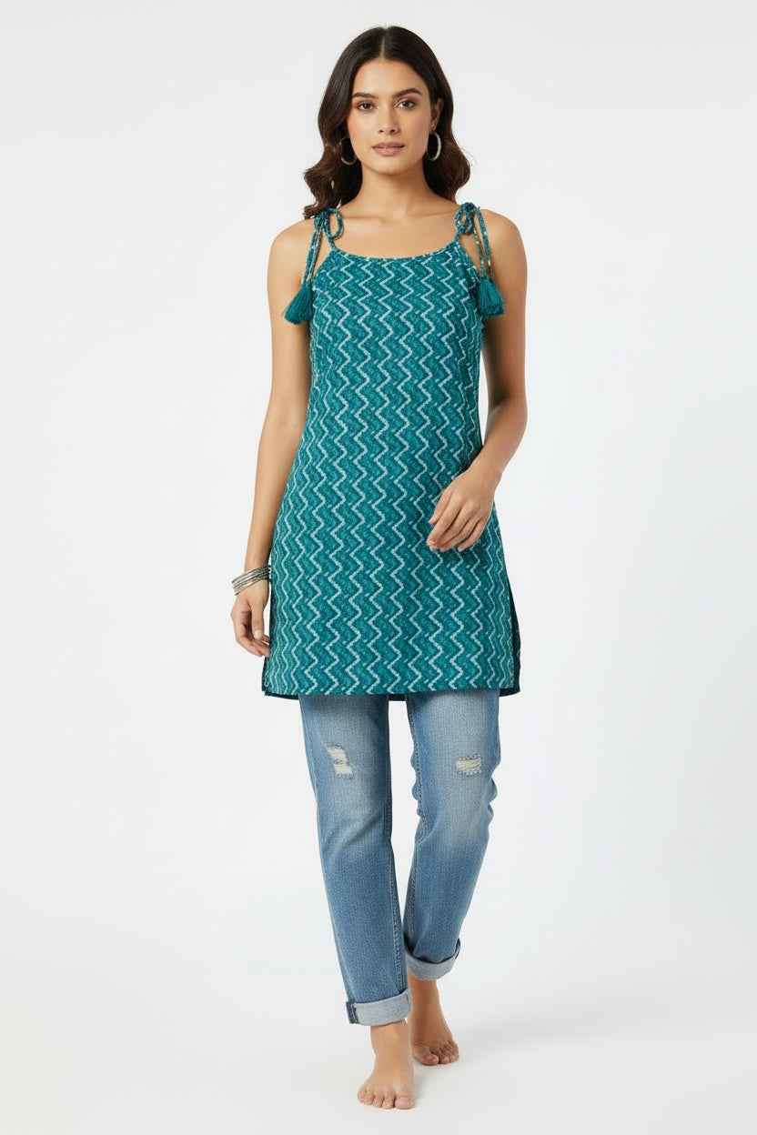 Turquoise Breeze Chevron Tassel Strap Short Kurti